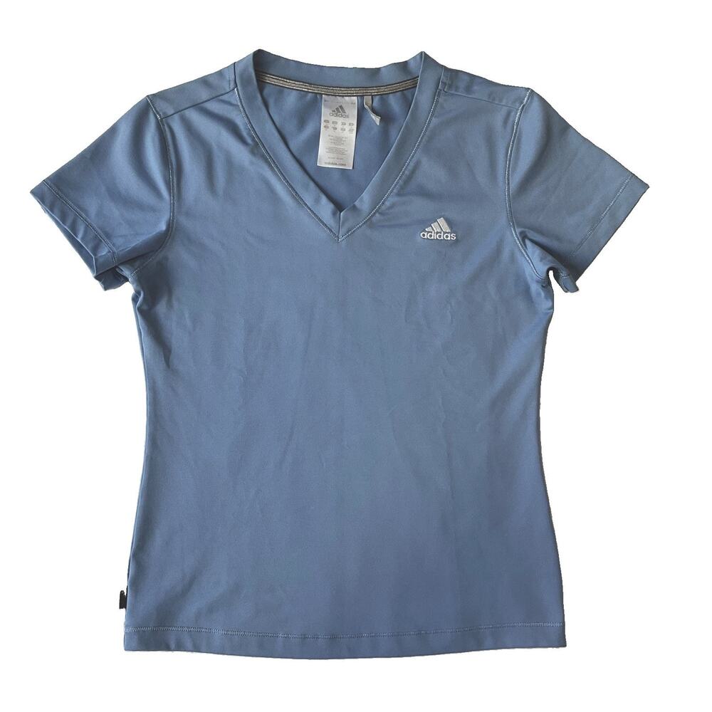 Adidas Women Shirt M Blue Activewear Logo Climacool V-Neck Pullover Short Sleeve